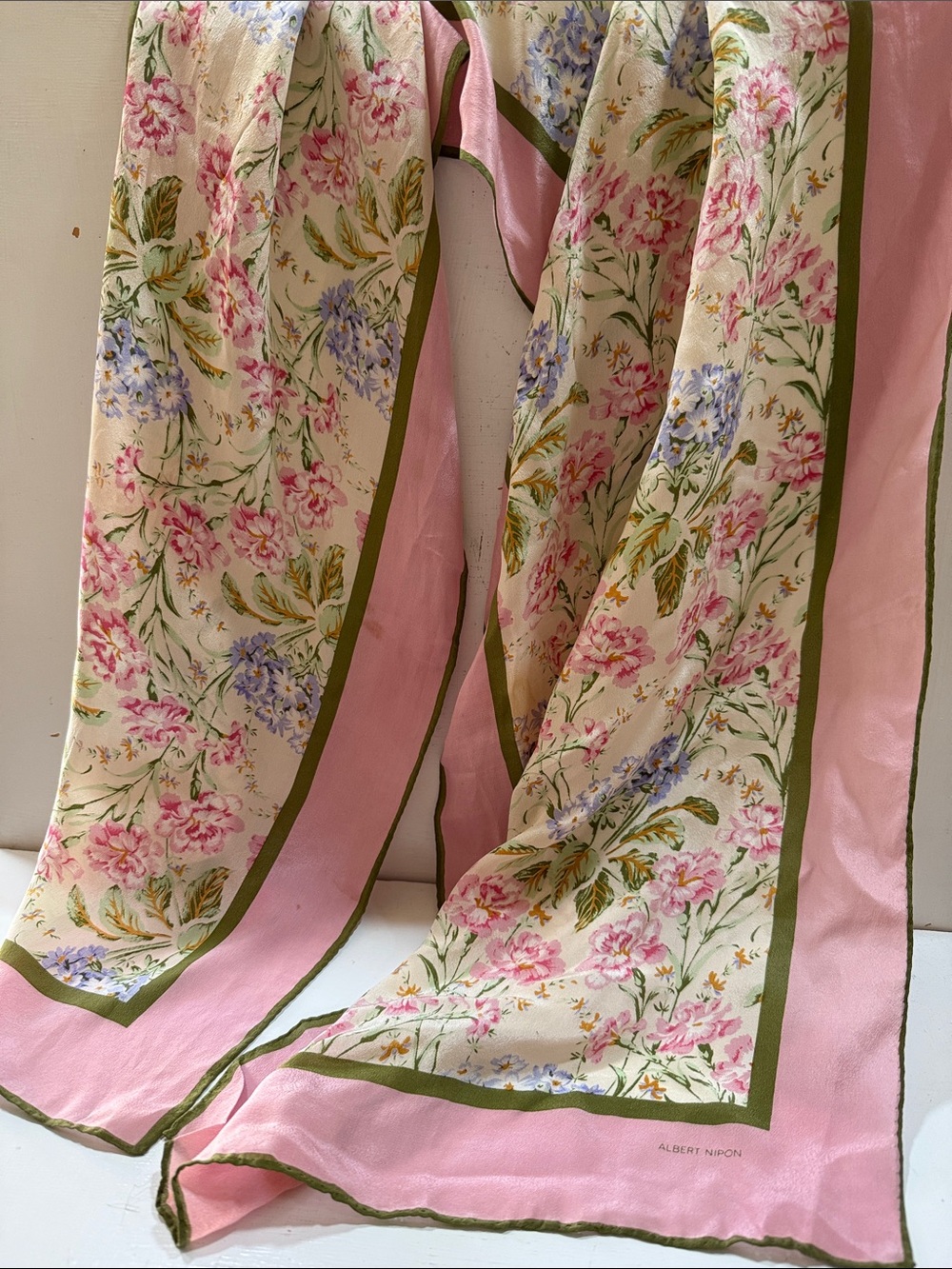 Albert Nipon Pink Floral Silk Scarf 🧣 Vintage Delicate Hand Rolled Edges 56”x14”